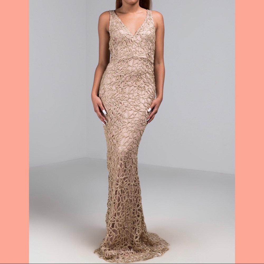 AKIRA pink/nude/gold lace maxi dress NWOT